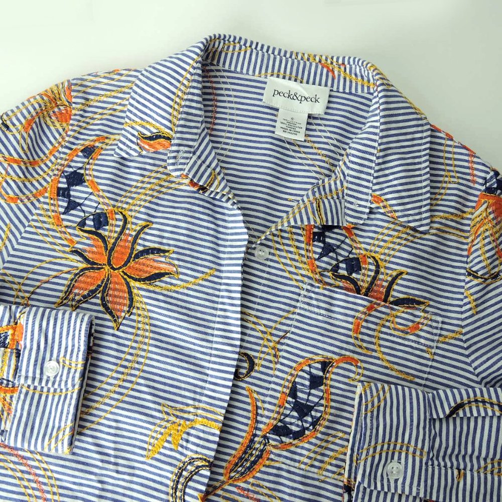 Peck & Peck floral embroidered striped shirt button down tunic top scalloped hem